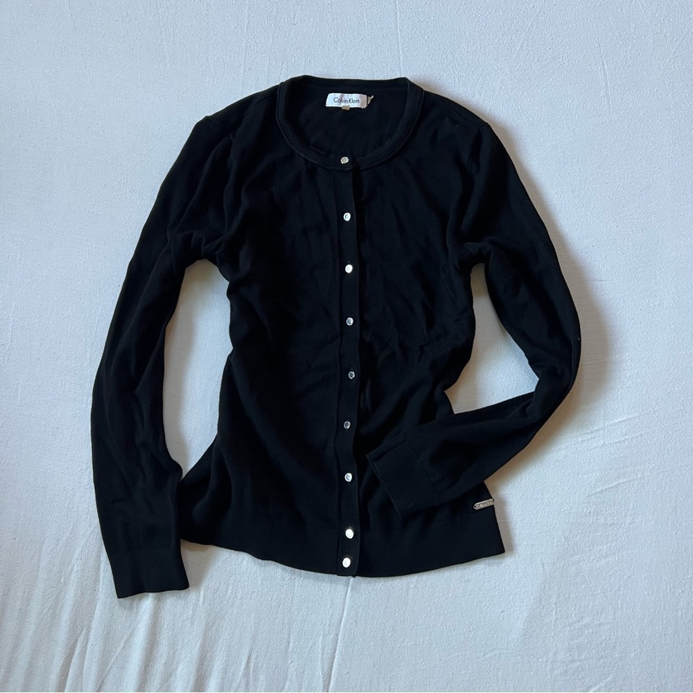 Calvin Klein Black Cardigan Silver Logo Buttons Minimalist Knit Sweater